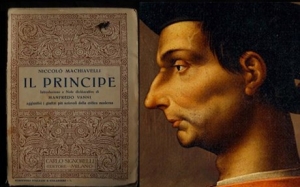 Ο Νικολό Μακιαβέλλι και το εξώφυλλο του Ηγεμόνα, του κλασικού βιβλίου του.