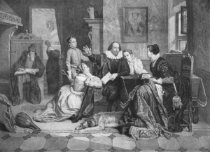 Ξυλογραφία που δείχνει τον Ουίλλιαμ Σαίξπηρ να απαγγέλλει το έργο του, Άμλετ, στην οικογένειά του. Η σύζυγός του, Ανν Χαθαγουέι, κάθεται στην καρέκλα, δεξιά. Ο γιος του Άμνετ είναι πίσω του, αριστερά. Οι δύο κόρες του, Σουζάνα και Τζούντιθ, βρίσκονται δεξιά και αριστερά του.  
