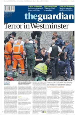 H πρώτη σελίδα της βρετανικής εφημερίδας Guardian, με κύριο θέμα το τρομοκρατικό χτύπημα στο Γουεστμίνστερ, στο Λονδίνο.
