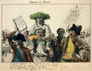 Ο θρίαμβος του Μαρά. Εικόνα εποχής που αναπαριστά τη λαϊκή αποδοχή την οποία απολάμβανε ο πρόεδρος της «Λέσχης των Ιακωβίνων» και από τις ηγετικές μορφές της Γαλλικής Επανάστασης.