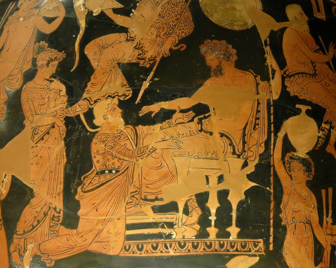 O Χρύσης ικετεύει τον Αγαμέμνονα να του επιστρέψει την κόρη του, Χρυσηίδα. Ερυθρόμορφος κρατήρας που βρέθηκε στην Απουλία, περίπου 260-350 π.Χ.  