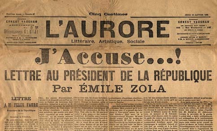 H πρώτη σελίδα της εφημερίδας L&#039;Aurore, της 13ης Ιανουαρίου 1898, με το παρεμβατικό Κατηγορώ του Εμίλ Ζολά, υπέρ του Ντρέυφους. 