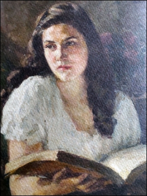 Θάλεια Φλωρά-Καραβία, Η νέα Σίβυλλα (πορτρέτο της 19χρονης Τζίνας Πολίτη), 1949. Από το οπισθόφυλλο της συλλογής δοκιμίων Δοκιμασία της ανάγνωσης (Άγρα, 2010).  