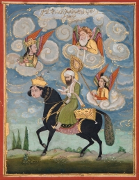 Ο Προφήτης Μωάμεθ πάνω σε άλογο. Ζωγραφική αγνώστου που χρονολογείται τον 18ο αιώνα, γκουάς και φύλλα χρυσού σε χαρτί, 17,7 x 10,9 εκ.