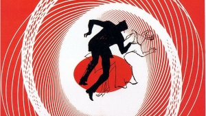 Εικονογράφηση του Saul Bass για την αφίσα της κινηματογραφικής ταινίας του Άλφρεντ Χίτσκοκ, Vertigo (Δεσμώτης του ιλίγγου) (1954). Το σχέδιο, φθαρμένο με τα χρόνια, αποκατέστησε ο Adam Cuerden.    