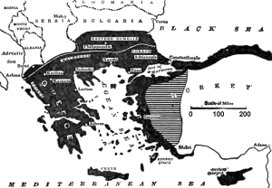 Χάρτης που δείχνει τις ελληνικές αξιώσεις στη Διάσκεψη Ειρήνης του Παρισιού μετά τον Α' Παγκόσμιο Πόλεμο, 1919. Η μαύρη περιοχή δηλώνει τα εδάφη που διεκδικούσε ο Ελευθέριος Βενιζέλος στη διάσκεψη. Ο ελληνικός εθνικισμός διά του ελληνικού κράτους διεκδικούσε όλη την Ήπειρο (και το γεωγραφικό τμήμα της σημερινής Αλβανίας, έως Αυλώνα και Μπεράτι), σχεδόν σε όλη την έκτασή της τη Μακεδονία, την Ανατολική Ρωμυλία συμπεριλαμβανομένης της Φιλιππούπολης (σημερινό Πλόντιβ), την Ανατολική Θράκη, την Κωνσταντινούπολη και τα στενά του Βοσπόρου, τα παράλια του Αιγαίου και τα παράλια της Μαύρης Θάλασσας, τα νησιά του Αιγαίου (η Ρόδος διεκδικείται από την Ιταλία), την Κρήτη και την Κύπρο (που διεκδικείται από την Αγγλία). Η σκιασμένη περιοχή στη Μικρά Ασία είναι διαφιλονικούμενη ανάμεσα σε Ελλάδα και Γαλλία. Ο χάρτης δημοσιεύτηκε στους New York Times. Αρχείο The Books’ Journal