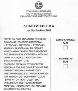 Το ψηφοδέλτιο του δημοψηφίσματος. Προβληματικό ως προς τη σαφήνεια της ερώτησης, προβληματικό επειδή θέτει το Όχι πριν από το Ναι αντιστρέφοντας τις ιεραρχήσεις της ελληνικής γλώσσας.