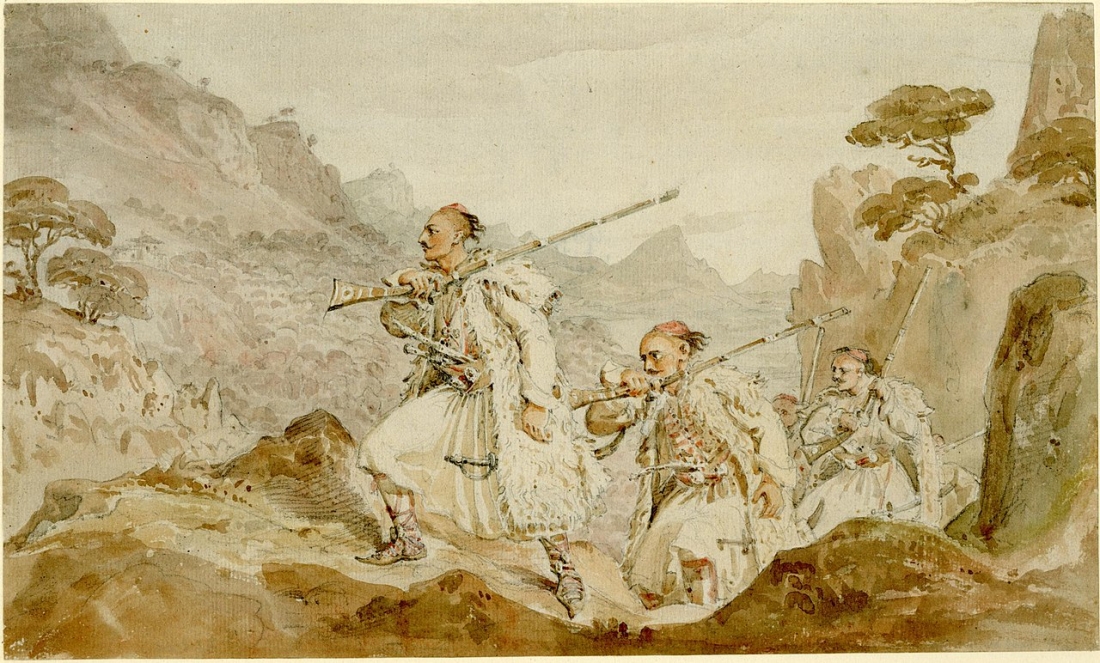 Charles Robert Cockerell, Παλικάρια καταδιώκουν έναν εχθρό (Σουλιώτες). Η εικόνα φιλοτεχνήθηκε κατά τη διάρκεια ενός ταξιδιού του ζωγράφου στην ανατολική Μεσόγειο, το 1813-14.  