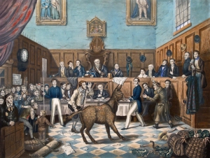 P. Matthews, Η δίκη του Μπιλ Μπερνς με βάση το νόμο του Μάρτιν, λάδι σε καμβά, 66 x 81 εκ. O ζωγράφος απεικονίζει την πρώτη δίκη στο Ηνωμένο Βασίλειο που στηρίχτηκε στο νόμο του Μάρτιν του 1822 για σκληρότητα στα ζώα. Ο Μπιλ Μπερνς δικάστηκε επειδή συνελήφθη να χτυπάει το γαϊδουράκι του. Η δίωξη ασκήθηκε από τον βουλευτή Ρίτσαρντ Μάρτιν που ήταν γνωστός ως Humanity Dick και η υπόθεση ανακαλείται συχνά επειδή ο κατηγορούμενος έφερε το γάιδαρο στο δικαστήριο. 