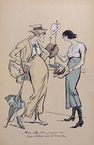 Η Κοκό Σανέλ στο δικό της καπελάδικο. Καρικατούρα του Sem (ψευδώνυμο του Georges Goursat), που δημοσιεύθηκε το 1919. Από το λεύκωμα Le grand monde à l&#039;envers. 