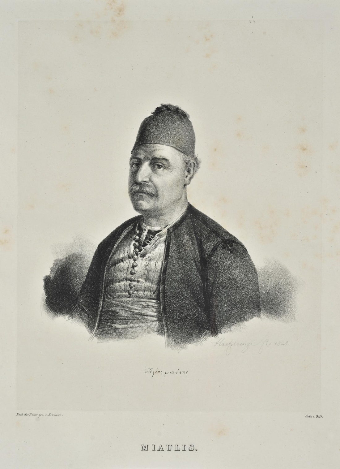 Ο Ανδρέας Μιαούλης, ψευδώνυμο του Ανδρέα Βώκου (1769-1835), σε λιθογραφία του Καρλ Κρατσάιζεν.  