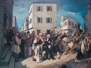  Η δολοφονία του Καποδίστρια, ελαιογραφία του Χαράλαμπου Παχή.  
