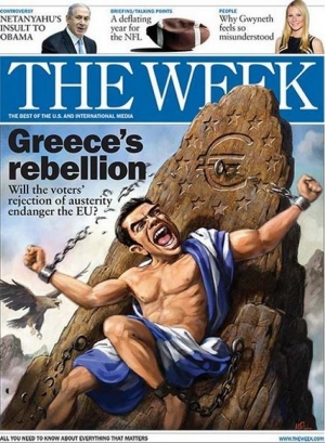 O Τσίπρας σε ρόλο Προμηθέα. Γελοιογραφία στην αμερικανική The Week, με αφορμή το δημοψήφισμα, που επιδείνωσε τελικά τη θέση της Ελλάδας και οδήγησε τον έλληνα πρωθυπουργό να αποδεχθεί όρους ακόμα πιο επαχθείς εν όψει ενός τρίτου μνημονίου.