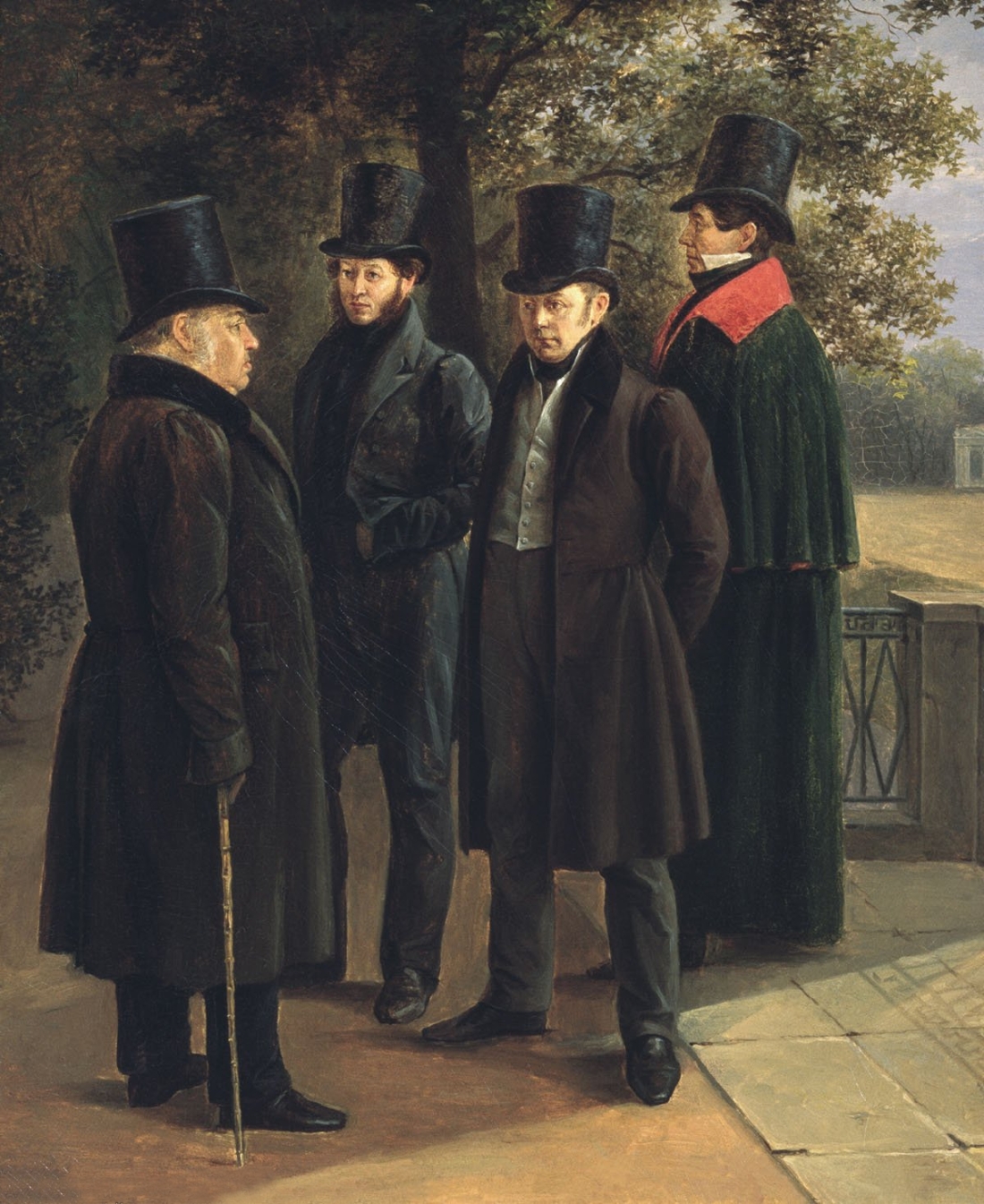 Τέσσερις λογοτέχνες σε έναν πίνακα του Γκριγκόρι Τσερνέσοφ (1832). Από αριστερά: ο Ιβάν Κριλόφ, ίσως πιο επιγραμματικός ρώσος συγγραφέας, δραματουργός και δημοσιογράφος (1769-1844), ο Αλεξάντερ Πούσκιν (1799-1837), ο ποιητής Βασίλι Ζουκόφσκι (1787-1852) και ο ουκρανός ποιητής και μεταφραστής Νικολάι Γκνέντιχ (1784-1833). 