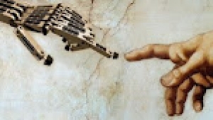 Παραλλαγμένη λεπτομέρεια του γνωστού έργου του Μιχαήλ Άγγελου, «Η δημιουργία του Αδάμ» (το χέρι του Αδάμ έχει αντικατασταθεί από το χέρι ενός ρομπότ).